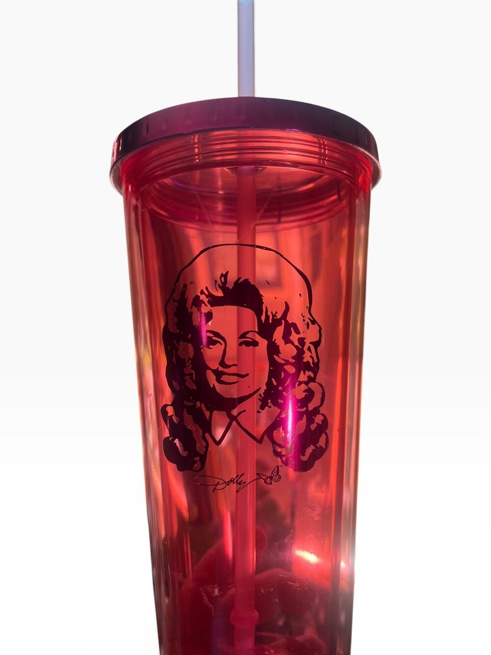 Dolly Parton Pink 24 ou.  Tumbler Metal Lid and Straw Included NWT BPA Free 8"T